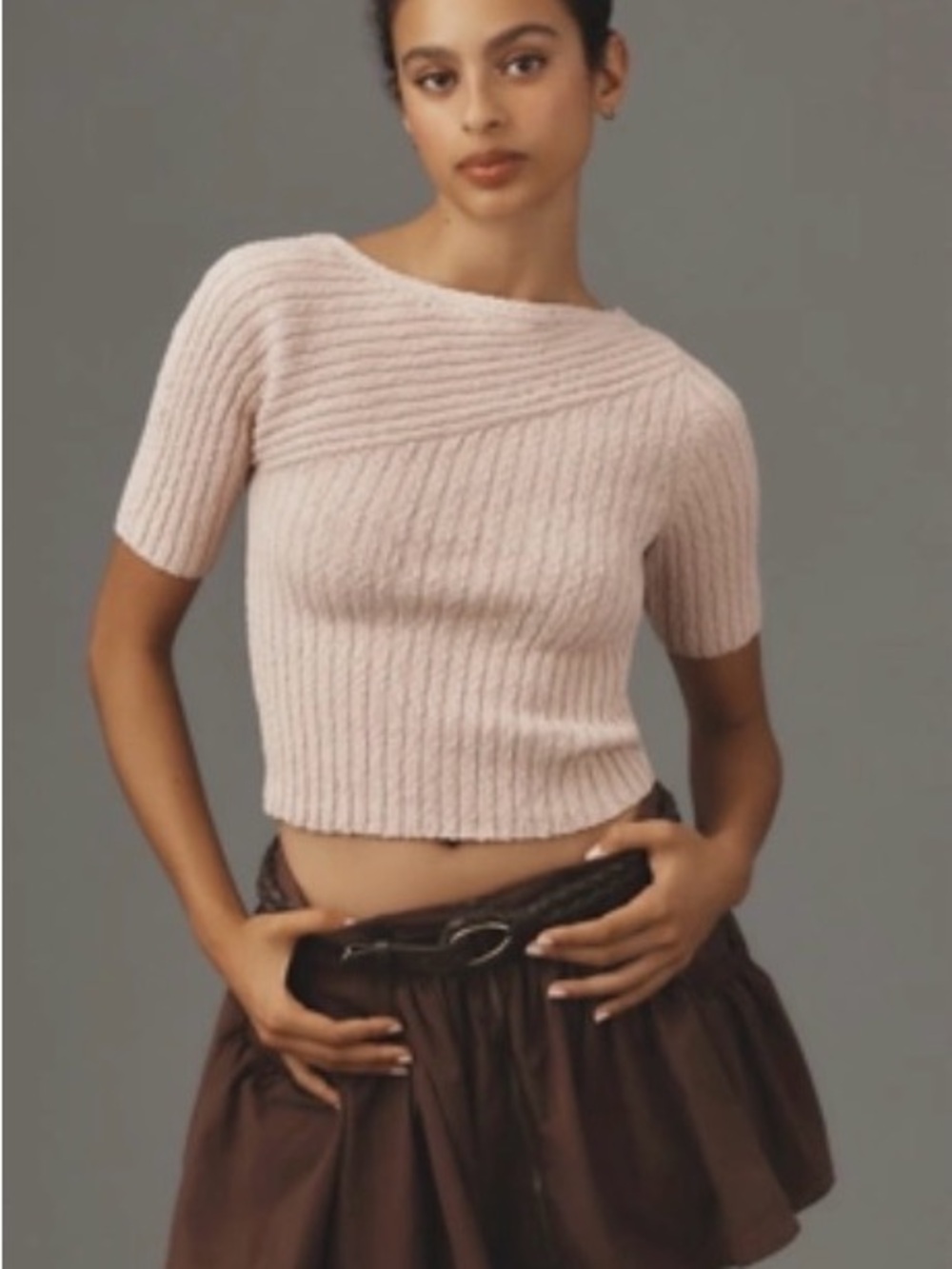 Maeve Light Pink Ribbed Short-Sleeve Scoop-Neck Sweater